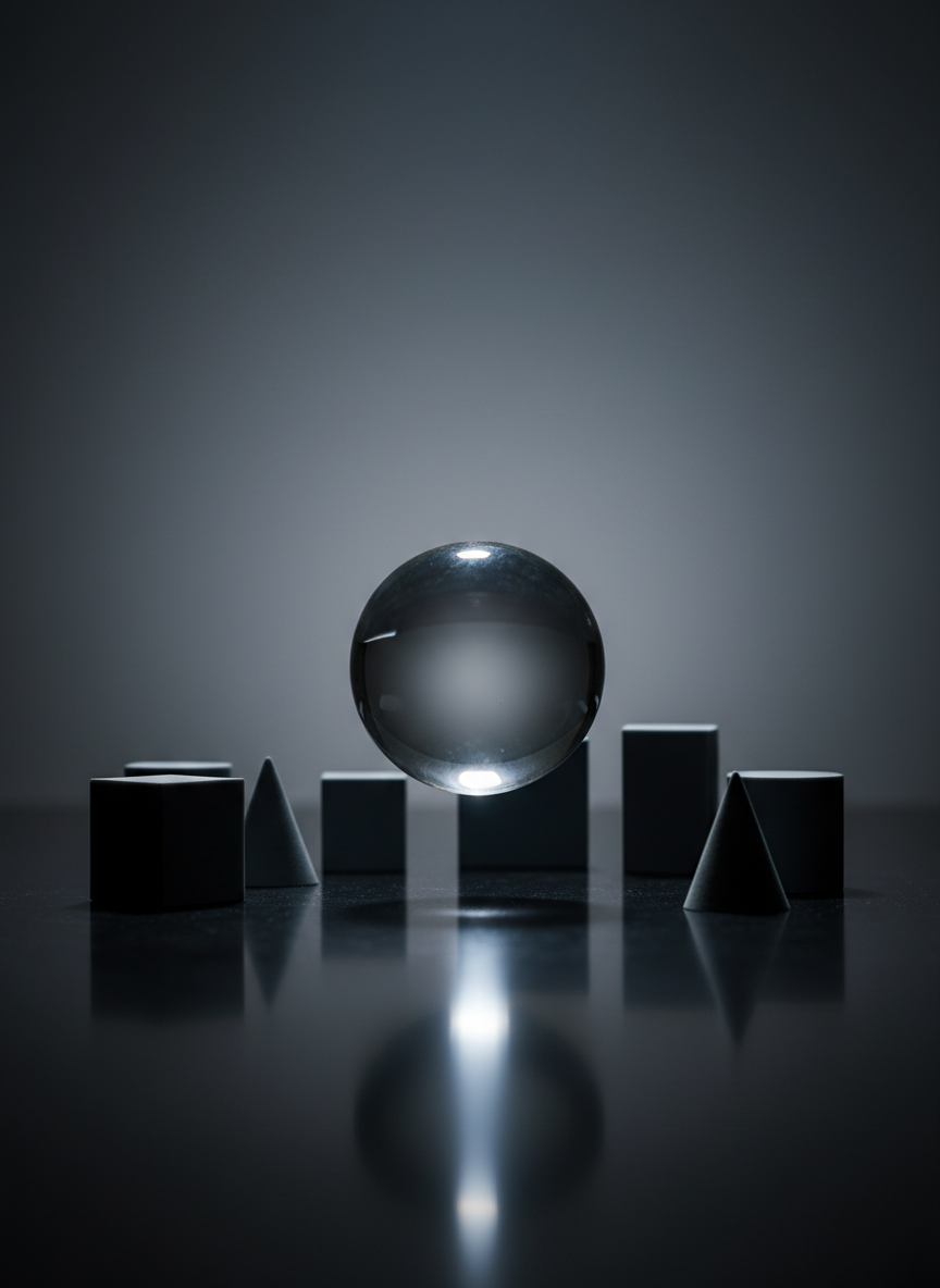 A polished, transparent glass sphere frozen mid-fall above a dark, reflective surface, its lower edge subtly blurred to imply motion. Around it, neatly arranged geometric shapes—cubes, cones, and cylinders in matte charcoal and slate tones—suggest abstract concepts under examination. The environment is a minimalist studio space with a deep, gradated gray backdrop. A single, cool spotlight from above and slightly behind creates crisp highlights on the sphere and precise, analytical shadows of the shapes. Shot at eye level with a shallow depth of field, the composition places the sphere on the rule of thirds, evoking a sophisticated, investigative mood in realistic, high-end photographic style.