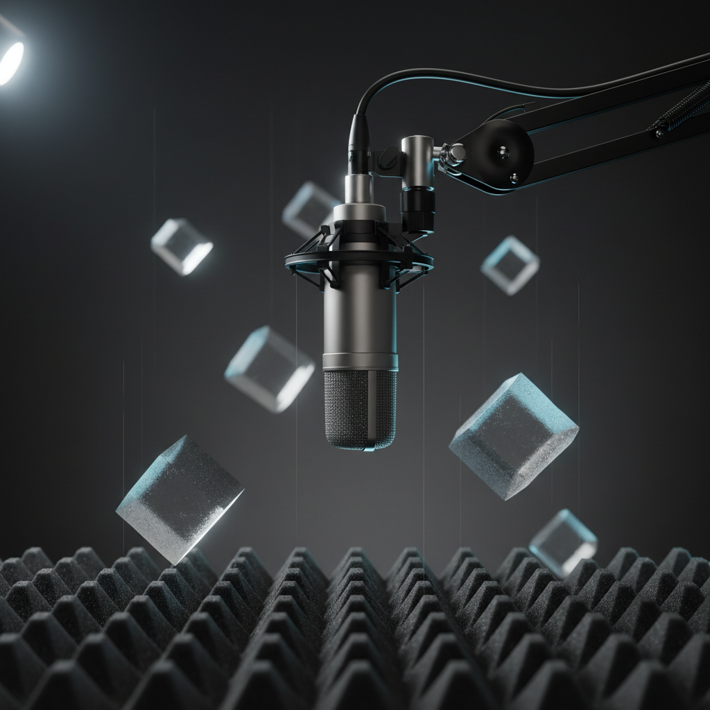 A hyper-realistic studio microphone in brushed gunmetal, suspended from a precision boom arm, appears to be gently descending toward a matte black acoustic panel below, captured with a faint motion blur at the tip. Around it are floating, semi-translucent geometric forms—cubes and planes—that seem to be slowly sinking, symbolizing abstract ideas falling into place. The background is a deep, velvety charcoal gradient. Focused, cool white light from one side sculpts clean highlights on the metal surface and casts crisp, analytical shadows, while subtle blue accent lighting outlines the forms. Framed in a tight, centered composition at eye level with shallow depth of field, the mood is refined, serious, and intellectually probing.