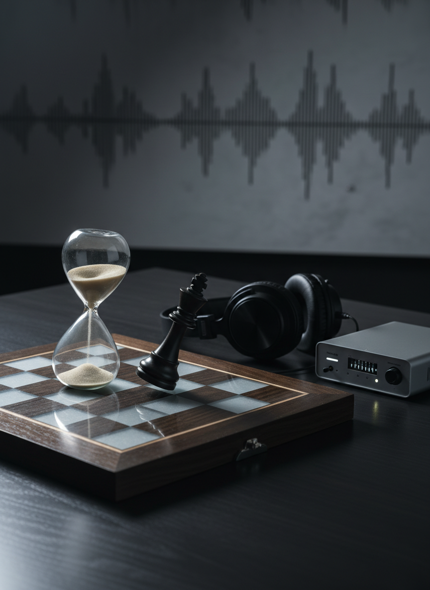 A meticulously arranged still life of objects symbolizing different kinds of “falling” concepts: a tilted hourglass with sand suspended in mid-air, a chess king toppling toward a polished board, and a glossy black headphone set resting beside a minimalist audio interface. All sit on a smooth, dark wooden desk against a softly out-of-focus wall filled with abstract, monochrome waveform patterns. Subtle, cool-toned key lighting from the left and a faint rim light from behind create intricate reflections and analytical shadows. Shot from an elevated three-quarter view with sharp focus throughout, the composition uses asymmetrical balance to evoke a serious, investigative podcast aesthetic in photographic realism.