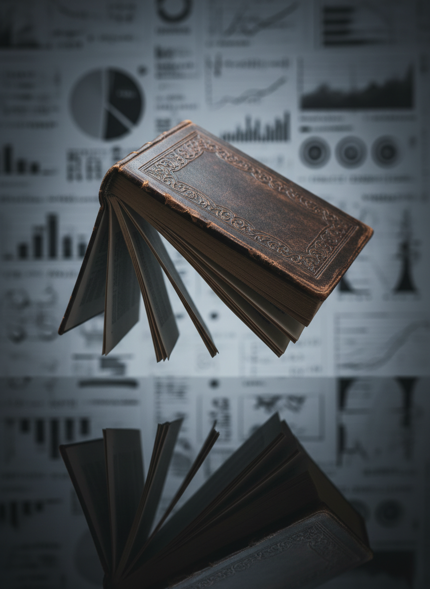 An ultra-detailed close-up of a heavy, leather-bound book opened mid-air as if just released, its pages subtly bending downward, captured in the instant before it falls onto a sleek black table. Fine paper texture, embossed spine, and subtle gold edging are clearly visible. The background is a blurred wall of monochrome diagrams and abstract graphs, hinting at deep analysis. Cool, diffused studio lighting from both sides creates soft, intellectual shadows and gentle highlights on the book’s contours. Photographed from a slightly low angle for a cinematic feel, with shallow depth of field that isolates the book, the mood is contemplative and sophisticated, reinforcing the podcast’s exploration of why things—ideas and objects—fall.